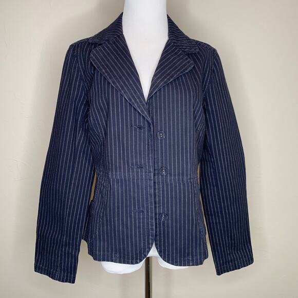 Navy Blue Cotton Casual Blazer Tan Stripes Sz Medium - Picture 1 of 8
